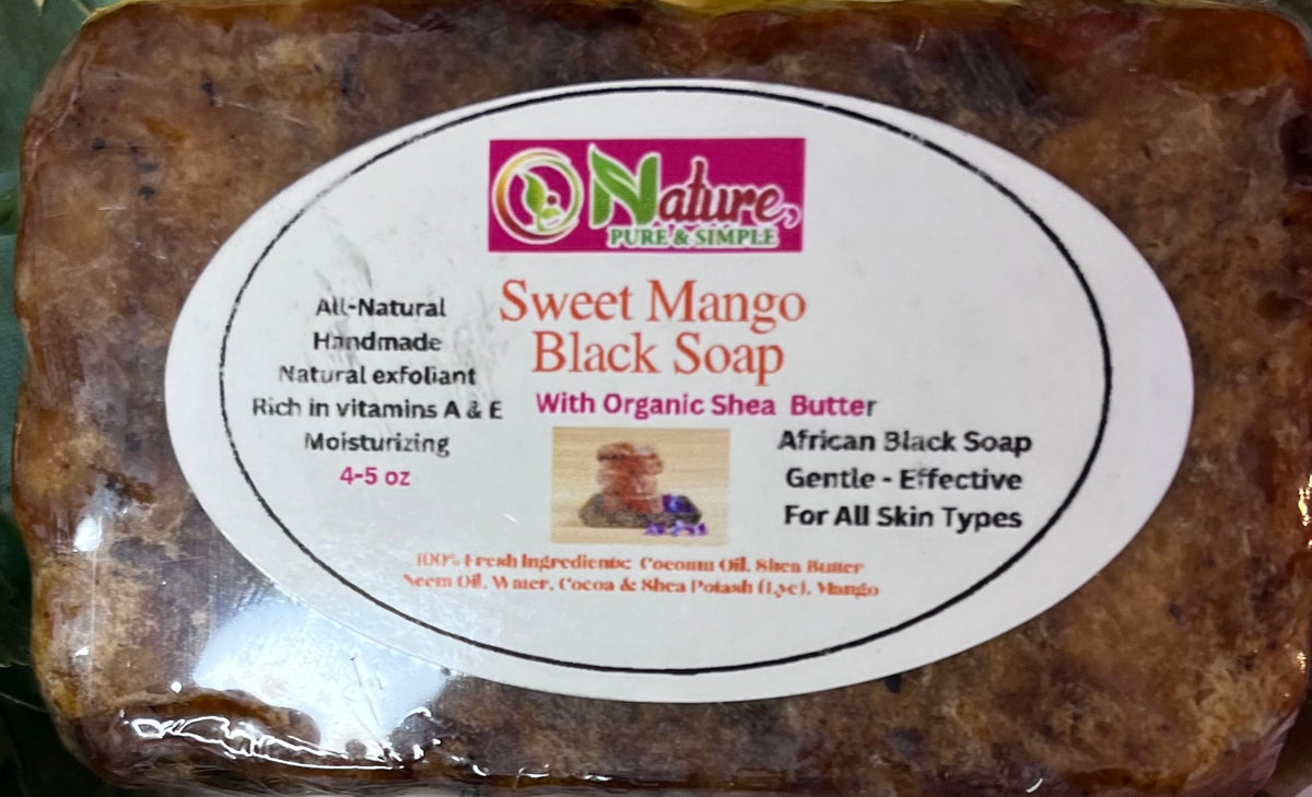 Sweet Mango Black Soap, Raw African Cleansing Bar, Effectively Exfoliates, Improves Skin Tone, Hair, Face & Body Soap 4.4 – 6.3 oz