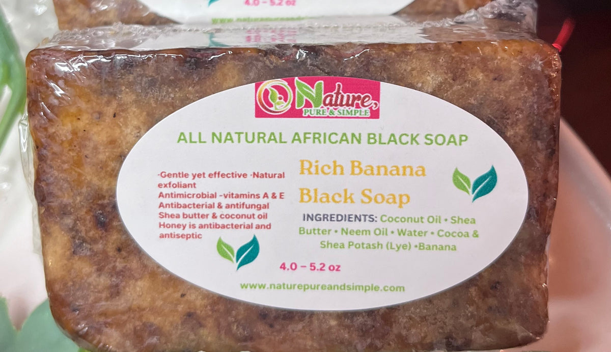 Rich Banana Black Soap, Raw African Cleansing Bar, Effectively Exfoliates, Improves Skin Tone, Hair, Face & Body Soap 4.4 – 6.3 oz