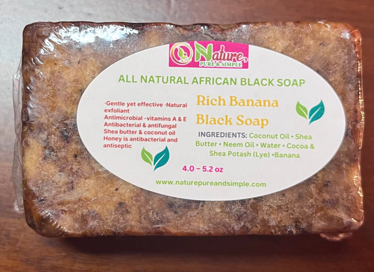 Rich Banana Black Soap, Raw African Cleansing Bar, Effectively Exfoliates, Improves Skin Tone, Hair, Face & Body Soap 4.4 – 6.3 oz