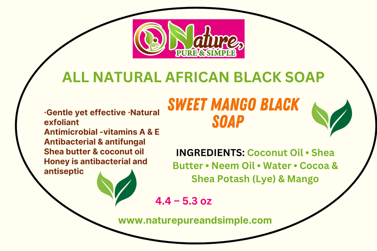 Sweet Mango Black Soap, Raw African Cleansing Bar, Effectively Exfoliates, Improves Skin Tone, Hair, Face & Body Soap 4.4 – 6.3 oz