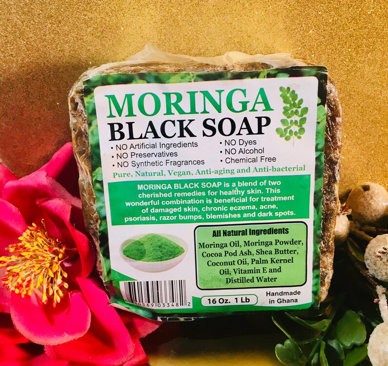 Moringa Black Soap, Pure African Moringa Black Soap, Authentic Moringa Soap African Black Soap Authentic Raw Ghana Black Soap Moringa 16oz